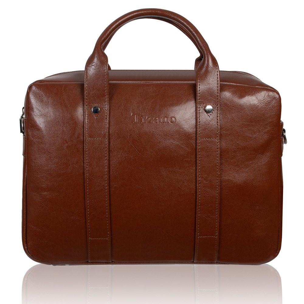 Torba skórzana unisex Tizano TM07 biznesowa na laptopa A4 brązowa - elegancki wygląd zewnętrzny