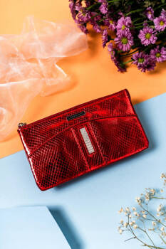 Duży skórzany portfel damski na zamek lakierowany czerwony - Lorenti 76121-MSD