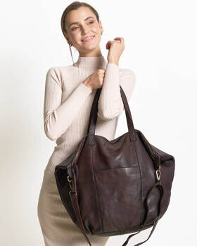 Skórzana torebka damska shopper bag z kieszeniami ciemnobrazowa - MARCO MAZZINI VS1d
