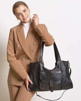 Skórzana torebka damska shopperka miejska retro bag czarna - MARCO MAZZINI v229a