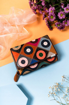 Skórzany patchworkowy portfel damski na magnes kolorowy - Rovicky R-6390-PAT