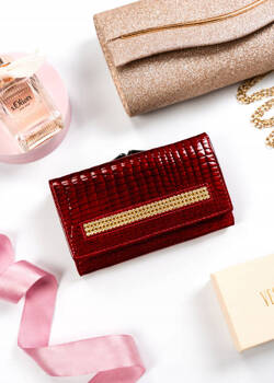Skórzany portfel damski czerwony na bigiel zdobiony cyrkoniami - Lorenti 55020-CRY-RS